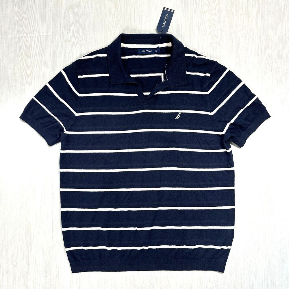 Nautica Men's XL Short Sleeve Navy White Striped Collared Casual Polo Shirt New